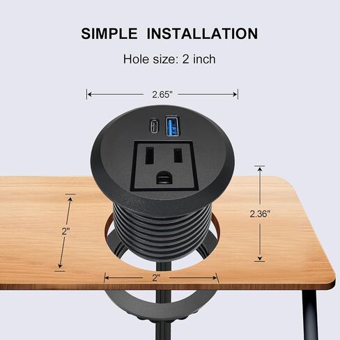 2 بوصة سطح المكتب Grommet مع 20W USB-C ، منفذ مكتب سريع الشحن المريح للمؤتمرات كونترتوب خزانة الأثاث ، سلك التمديد 6.5 قدم ، 45 درجة قابس مسطح ، ETL المدرجة in Kuwait