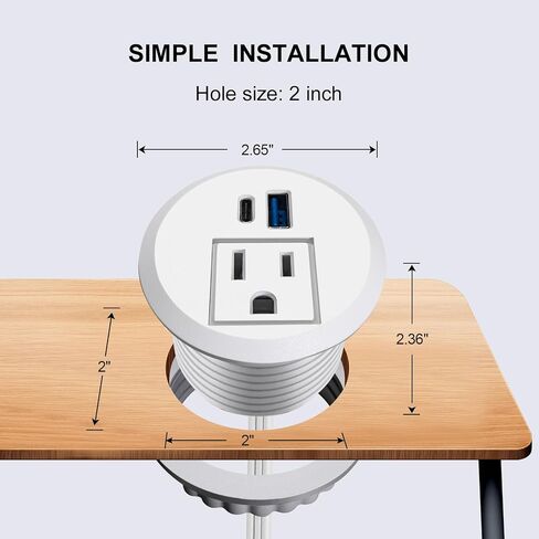 2 بوصة سطح المكتب Grommet مع 20W USB-C ، منفذ مكتب سريع الشحن المريح للمؤتمرات كونترتوب خزانة الأثاث ، سلك التمديد 6.5 قدم ، 45 درجة قابس مسطح ، ETL المدرجة in Kuwait