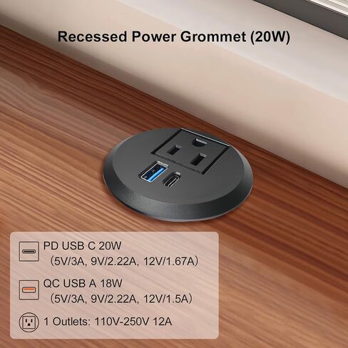 2 بوصة سطح المكتب Grommet مع 20W USB-C ، منفذ مكتب سريع الشحن المريح للمؤتمرات كونترتوب خزانة الأثاث ، سلك التمديد 6.5 قدم ، 45 درجة قابس مسطح ، ETL المدرجة in Kuwait
