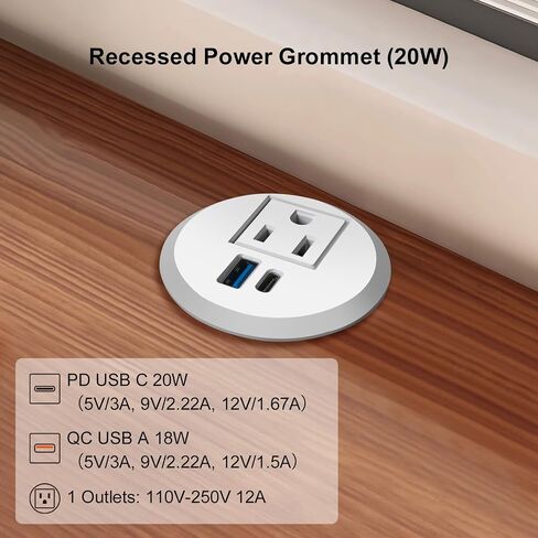 2 بوصة سطح المكتب Grommet مع 20W USB-C ، منفذ مكتب سريع الشحن المريح للمؤتمرات كونترتوب خزانة الأثاث ، سلك التمديد 6.5 قدم ، 45 درجة قابس مسطح ، ETL المدرجة in Kuwait