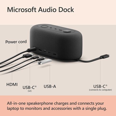 Microsoft Audio Dock-معتمدة Teams ، USB-C Dock ، HDMI 2.0 ، USB-A ، USB-C X 2 ، شحن النجاح ، هاتف مكبر صوت الصوت ، يعمل مع الفرق ، Zoom ، و Google Meet Apps (متجددة) in Kuwait