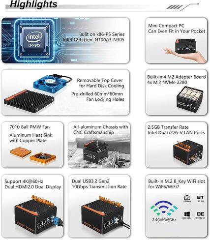 Stonestorm 4-bay NAS Mini PC Dual 2.5GBE I226-V LAN ، 12th Gen. N100 مع DDR5 MAX 48GB ، 4 M.2 NVME 2280 ، عرض مزدوج 4K ، 2 USB3.2 10GBPs لجهاز الكمبيوتر/الجدار الدقيق (Barbone) in Kuwait