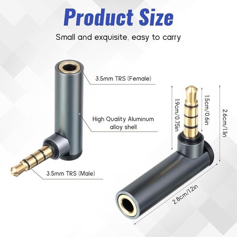 2 Pack Right Angle 3.5mm Audio Adapter 90 Degree Male to Female Audio Adapter Stereo Jack Plug Connector for Headsets, Tablets, MP3 Players, Speakers in Saudi Arabia