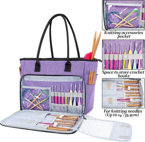 CURMIO Yarn Storage Bag, Knitting Bag for WIP Project, Crochet Hooks, Knitting Needles(up to 14"/35.5cm) and Yarn Skeins, Dandelion(Bag Only) in Kuwait