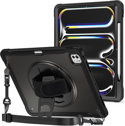 Procase Rugged Case لـ iPad Pro 13inch 2024 M4 مع قبضة قلم رصاص ، وغطاء وعرة مقاومة للصدمات الثقيلة مع حزام يدوي 360 درجة قابلة للتدوير وقائي لـ iPad Pro 13 "7th -Black in Kuwait