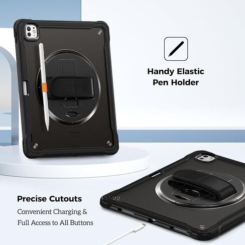 Procase Rugged Case لـ iPad Pro 13inch 2024 M4 مع قبضة قلم رصاص ، وغطاء وعرة مقاومة للصدمات الثقيلة مع حزام يدوي 360 درجة قابلة للتدوير وقائي لـ iPad Pro 13 "7th -Black in Kuwait