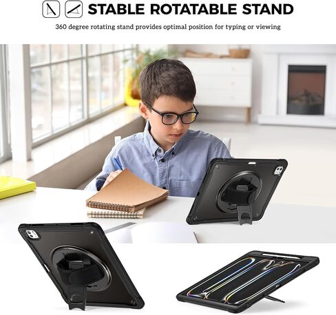 Procase Rugged Case لـ iPad Pro 13inch 2024 M4 مع قبضة قلم رصاص ، وغطاء وعرة مقاومة للصدمات الثقيلة مع حزام يدوي 360 درجة قابلة للتدوير وقائي لـ iPad Pro 13 "7th -Black in Kuwait