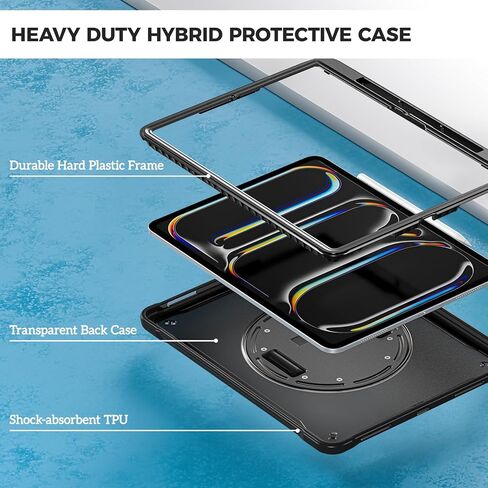 Procase Rugged Case لـ iPad Pro 13inch 2024 M4 مع قبضة قلم رصاص ، وغطاء وعرة مقاومة للصدمات الثقيلة مع حزام يدوي 360 درجة قابلة للتدوير وقائي لـ iPad Pro 13 "7th -Black in Kuwait