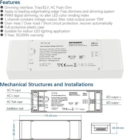 LED Triac Dimming Driver 75W AC 230V 220V to 12V 24V Constant Voltage PWM Digital Dimmable Triac LED Driver 12V 24V for Light(TE-75-12) in Saudi Arabia