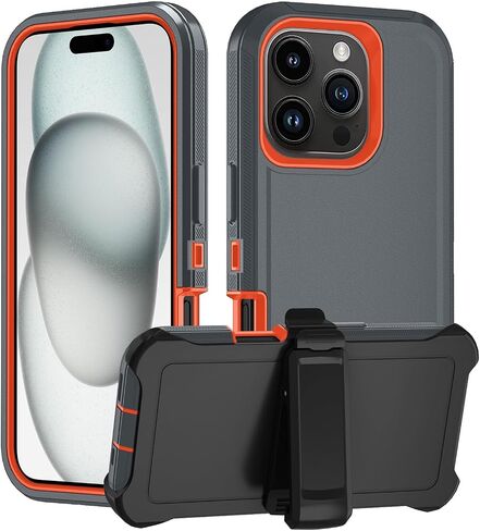 Case for iPhone 16 Plus, 3-Layer Super Full Heavy Duty Rugged Case Belt Clip Holster Kickstand Protective Cover(Black Orange with Clip, iPhone 16 Plus) in Saudi Arabia