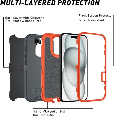Case for iPhone 16 Plus, 3-Layer Super Full Heavy Duty Rugged Case Belt Clip Holster Kickstand Protective Cover(Black Orange with Clip, iPhone 16 Plus) in Saudi Arabia