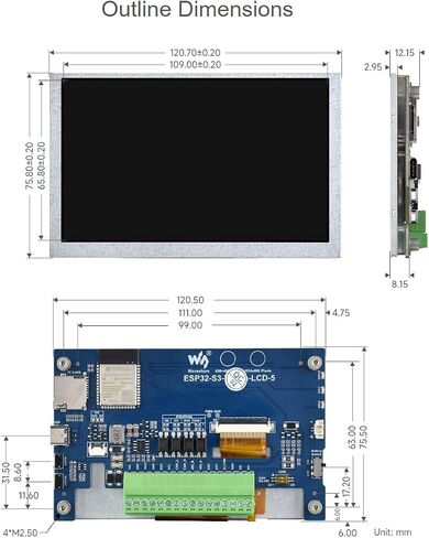 Waveshare ESP32-S3 5INCH Display LCD Development Board 800 × 480 SELTER DOWNED مع دعم WIFI 2.4 جيجا هرتز و BLE 5 ، معالج 32 بت LX7 ثنائي النواة in Saudi Arabia