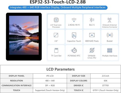 ESP32-S3 2.8inch لوحة تطوير عرض السعة ، ESP32 مع دقة 28 بوصة IPS لمس 480 × 640 ، معالج 32 بت LX7 ثنائي النواة ، SPI + RGB واجهة ، يدعم WiFi & Bluetooth in Kuwait