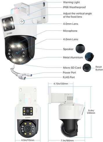 Zosi 2 X C298 Pro 4K 8MP 8MP عدسيات ثنائية (2 × 4 ميجابكسل) أمنية أمنية POE IP كاميرا خارجية ، 360 عرض كاميرا PT ، شخص/مركبة الكشف ، صفارة الإنذار الأضواء ، الرؤية الليلية الملونة ، تخزين بطاقة SD ، العمل فقط مع NVR لدينا in Kuwait