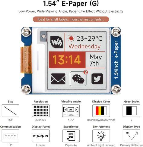 Waveshare 1.54inch e-Paper Display (G), Compatible with Raspberry Pi 5/4B/3B/Zero/Pico, Supports Jetson Nano/TX2/Xavier NX/Orin, 200x200, Red/Yellow/Black/White, SPI Interface, with Driver Board in Saudi Arabia