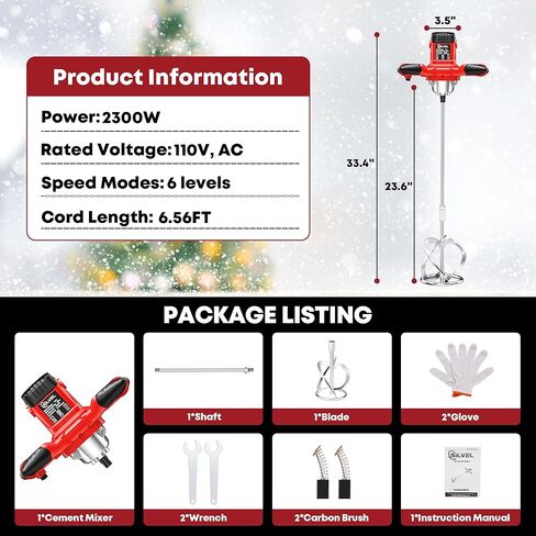 SILVEL Cement Mixer, 2300W Handheld Electric Concrete Mixer, Portable Mortar Mixer with 6 Adjustable Speed, 110V Mud Mixer for Mixing Mud, Cement, Mortar, Paint, Fodder in Kuwait