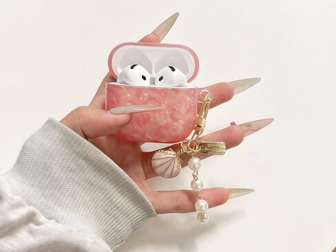 علبة سماعات الرأس لـ AirPods 4 - تصميم Glitter Shell Design Soft TPU غطاء وقائي مع سلسلة مفاتيح اللؤلؤ الوردي الفاخر ، حالة لطيفة متوافقة مع Apple Airpods 4 2024 ، Pink in Kuwait