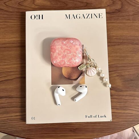 علبة سماعات الرأس لـ AirPods 4 - تصميم Glitter Shell Design Soft TPU غطاء وقائي مع سلسلة مفاتيح اللؤلؤ الوردي الفاخر ، حالة لطيفة متوافقة مع Apple Airpods 4 2024 ، Pink in Kuwait