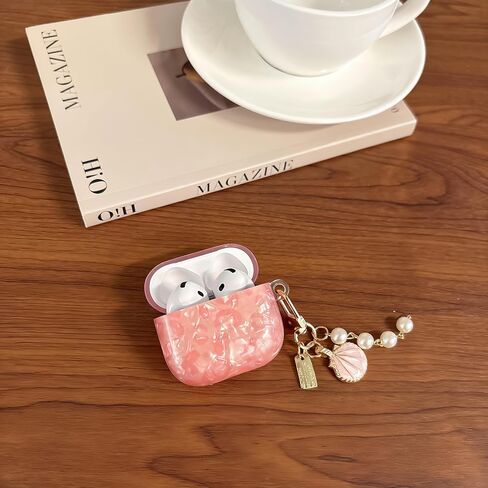 علبة سماعات الرأس لـ AirPods 4 - تصميم Glitter Shell Design Soft TPU غطاء وقائي مع سلسلة مفاتيح اللؤلؤ الوردي الفاخر ، حالة لطيفة متوافقة مع Apple Airpods 4 2024 ، Pink in Kuwait