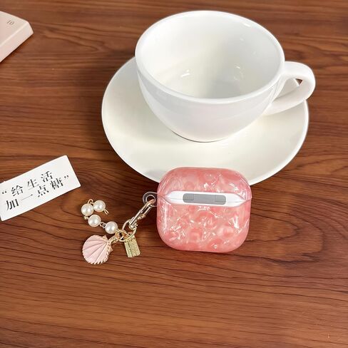 علبة سماعات الرأس لـ AirPods 4 - تصميم Glitter Shell Design Soft TPU غطاء وقائي مع سلسلة مفاتيح اللؤلؤ الوردي الفاخر ، حالة لطيفة متوافقة مع Apple Airpods 4 2024 ، Pink in Kuwait