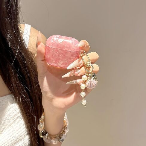 علبة سماعات الرأس لـ AirPods 4 - تصميم Glitter Shell Design Soft TPU غطاء وقائي مع سلسلة مفاتيح اللؤلؤ الوردي الفاخر ، حالة لطيفة متوافقة مع Apple Airpods 4 2024 ، Pink in Kuwait