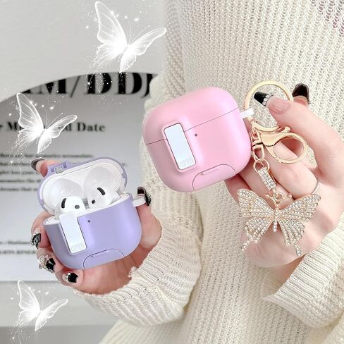 Cute Pink Airpods 4 Gen Case with Lock&Bling Butterfly Keychain for Girly Women, Unique Clear Hard Case Cover for Apple Airpods 4th Generation 2024 with Cleaning Kit&Phone Stand [US Patent] in Saudi Arabia