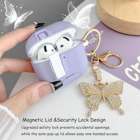 Cute Pink Airpods 4 Gen Case with Lock&Bling Butterfly Keychain for Girly Women, Unique Clear Hard Case Cover for Apple Airpods 4th Generation 2024 with Cleaning Kit&Phone Stand [US Patent] in Saudi Arabia