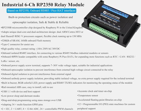 وحدة الترحيل الصناعية ذات 6 قنوات RP2350 ، واجهات قبعة RS485/PICO ، متوافقة مع قبعات Raspberry Pi Pico ، توسيع RTC/CAN/RS232/LORA/SENSOR ، RS485 ، إلخ. دوائر حماية متعددة in Kuwait