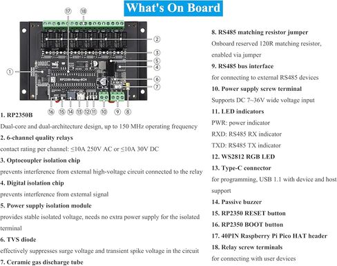 وحدة الترحيل الصناعية ذات 6 قنوات RP2350 ، واجهات قبعة RS485/PICO ، متوافقة مع قبعات Raspberry Pi Pico ، توسيع RTC/CAN/RS232/LORA/SENSOR ، RS485 ، إلخ. دوائر حماية متعددة in Kuwait