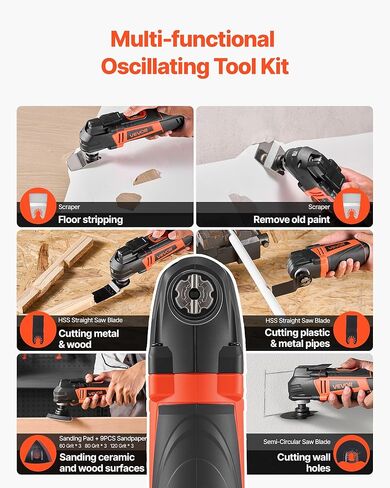 أداة VEVOR متعددة المهام بسلك 2.5 أمبير، أداة منشار متأرجحة مع ضوء LED، 6 سرعات متغيرة، زاوية تأرجح 3.1 درجة، 11000-22000 OPM، 16 قطعة من ملحقات المنشار وحقيبة BMC in Kuwait