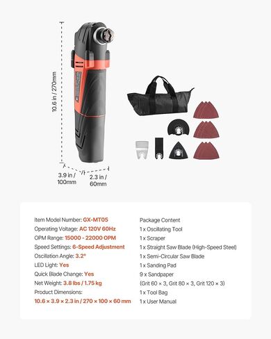 أداة VEVOR متعددة المهام بسلك 2.5 أمبير، أداة منشار متأرجحة مع ضوء LED، 6 سرعات متغيرة، زاوية تأرجح 3.1 درجة، 11000-22000 OPM، 16 قطعة من ملحقات المنشار وحقيبة BMC in Kuwait