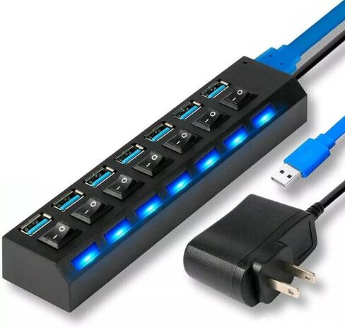 7 POTTS USB 3.0 HUB للكمبيوتر الشخصي ، الخائن الذي يعمل بالطاقة مع مفاتيح التشغيل/الإيقاف الفردي ، امتداد بيانات USB Highspeed 5GBPS للكمبيوتر المحمول ، IMAC ، محركات أقراص فلاش USB ، محرك الأقراص الثابتة للهاتف المحمول ، الطابعة ، الكاميرا والمزيد in Kuwait