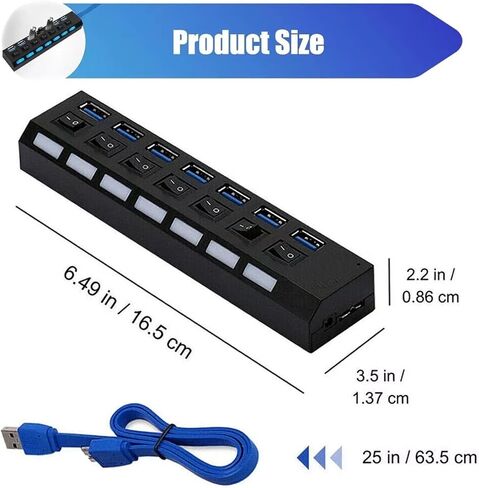 7 POTTS USB 3.0 HUB للكمبيوتر الشخصي ، الخائن الذي يعمل بالطاقة مع مفاتيح التشغيل/الإيقاف الفردي ، امتداد بيانات USB Highspeed 5GBPS للكمبيوتر المحمول ، IMAC ، محركات أقراص فلاش USB ، محرك الأقراص الثابتة للهاتف المحمول ، الطابعة ، الكاميرا والمزيد in Kuwait