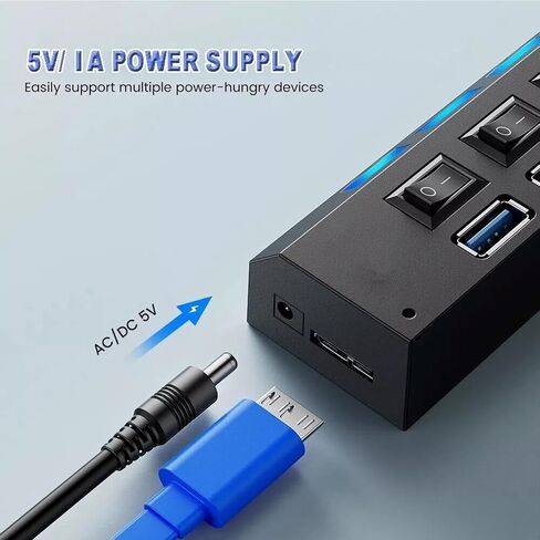 7 POTTS USB 3.0 HUB للكمبيوتر الشخصي ، الخائن الذي يعمل بالطاقة مع مفاتيح التشغيل/الإيقاف الفردي ، امتداد بيانات USB Highspeed 5GBPS للكمبيوتر المحمول ، IMAC ، محركات أقراص فلاش USB ، محرك الأقراص الثابتة للهاتف المحمول ، الطابعة ، الكاميرا والمزيد in Kuwait