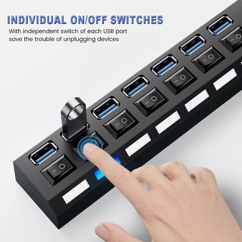 7 POTTS USB 3.0 HUB للكمبيوتر الشخصي ، الخائن الذي يعمل بالطاقة مع مفاتيح التشغيل/الإيقاف الفردي ، امتداد بيانات USB Highspeed 5GBPS للكمبيوتر المحمول ، IMAC ، محركات أقراص فلاش USB ، محرك الأقراص الثابتة للهاتف المحمول ، الطابعة ، الكاميرا والمزيد in Kuwait