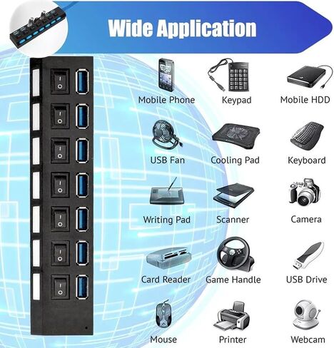 7 POTTS USB 3.0 HUB للكمبيوتر الشخصي ، الخائن الذي يعمل بالطاقة مع مفاتيح التشغيل/الإيقاف الفردي ، امتداد بيانات USB Highspeed 5GBPS للكمبيوتر المحمول ، IMAC ، محركات أقراص فلاش USB ، محرك الأقراص الثابتة للهاتف المحمول ، الطابعة ، الكاميرا والمزيد in Kuwait