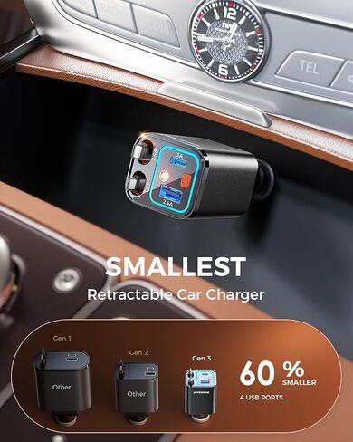 شاحن سيارات قابلة للسحب قابلة للسحب ، محول شاحن سيارة 69W لـ iPhone 16 USB C Charger Charge Fast Charge مع Light Light ، وملحقات السيارات المتوافقة مع iPhone 16/15/14/13/12 ، iPad ، Android ، Pixel in Kuwait