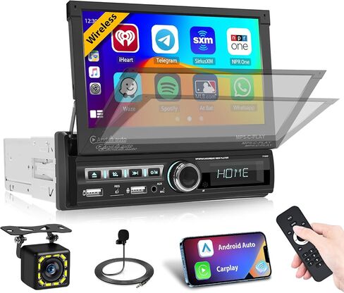 (MOTERIMPY) Hikity Single DIN CAR Stereo مع CARPLAY اللاسلكي Android Auto ، 7 '' 'IPS Flip flip out touchscreen bluetooth car receiver ، mirror link fm radio swc camp aux/usb+tf card in Kuwait