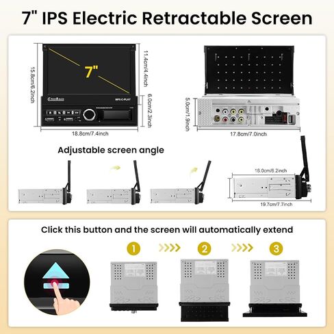 (MOTERIMPY) Hikity Single DIN CAR Stereo مع CARPLAY اللاسلكي Android Auto ، 7 '' 'IPS Flip flip out touchscreen bluetooth car receiver ، mirror link fm radio swc camp aux/usb+tf card in Kuwait