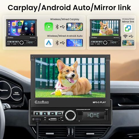(MOTERIMPY) Hikity Single DIN CAR Stereo مع CARPLAY اللاسلكي Android Auto ، 7 '' 'IPS Flip flip out touchscreen bluetooth car receiver ، mirror link fm radio swc camp aux/usb+tf card in Kuwait