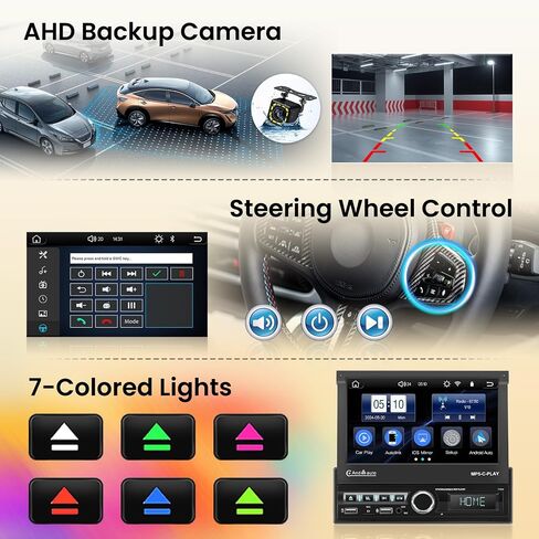 (MOTERIMPY) Hikity Single DIN CAR Stereo مع CARPLAY اللاسلكي Android Auto ، 7 '' 'IPS Flip flip out touchscreen bluetooth car receiver ، mirror link fm radio swc camp aux/usb+tf card in Kuwait