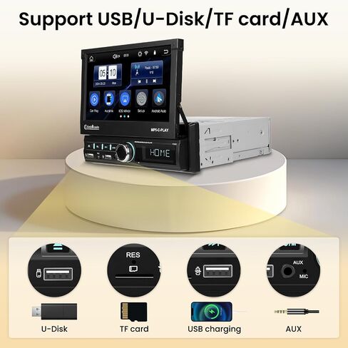 (MOTERIMPY) Hikity Single DIN CAR Stereo مع CARPLAY اللاسلكي Android Auto ، 7 '' 'IPS Flip flip out touchscreen bluetooth car receiver ، mirror link fm radio swc camp aux/usb+tf card in Kuwait