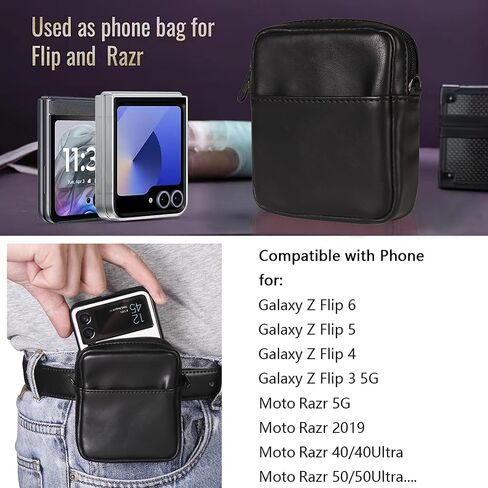 حزام الهاتف المحمول مقطع حزام حافظة من الجلد الأسود متوافق مع Samsung Galaxy Z Flip 6/5/4/3/Z Flip/Motorola Razr 50/40 CASE ، حقيبة Crossbody الكتف المتوافقة مع Huawei P50 Pocket/Pocket S in Kuwait