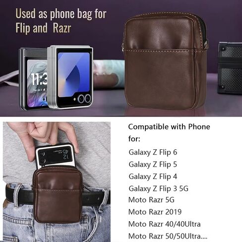 حزام الهاتف المحمول مقطع حزام حافظة من الجلد الأسود متوافق مع Samsung Galaxy Z Flip 6/5/4/3/Z Flip/Motorola Razr 50/40 CASE ، حقيبة Crossbody الكتف المتوافقة مع Huawei P50 Pocket/Pocket S in Saudi Arabia