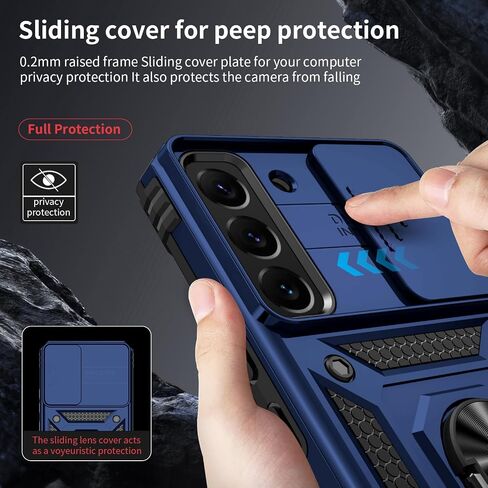 Weycolor for Samsung Galaxy S22 Case with Camera Lens Cover, HD Screen Protector, 10 FT Military Grade Drop Protection, Magnetic Ring Holder Kickstand Protective Phone Case, Navy Blue in Kuwait