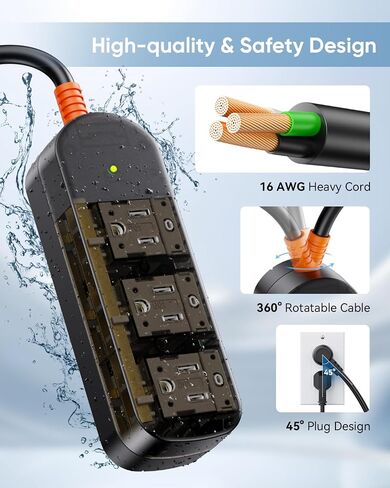 IPX6 Outdoor Power Strip Weatherproof, Surge Protector with 6FT Extension Cord 3 Outlets, Waterproof Power Strip 1875W Overload Protection for Kitchen Patio Christmas Lights, Clear Black in Saudi Arabia