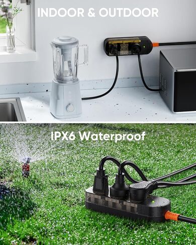 IPX6 Outdoor Power Strip Weatherproof, Surge Protector with 6FT Extension Cord 3 Outlets, Waterproof Power Strip 1875W Overload Protection for Kitchen Patio Christmas Lights, Clear Black in Saudi Arabia
