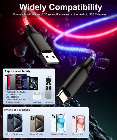Car Carplay Cable for iPhone 16 15 Pro Max Plus, 3.3ft RGB Light Up USB A to Type C Carplay Charger Cable, LED Colorful Gradual USB C Fast Charging Cord for iPhone, iPad Pro/Air/Mini, Samsung More in Saudi Arabia