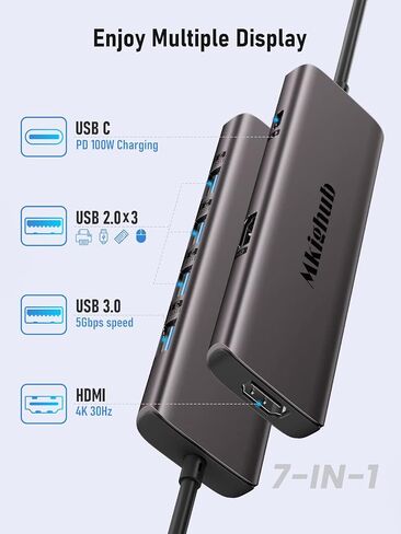 Docking Station USB C to Dual HDMI Adapter, 7 in 1 Hub Monitors with 4K 30Hz 2 Port 100W PD 3.0 2.0, Multi Monitor Adapter for Laptop MacBook Pro M1 Dell HP Surface Lenovo Grey in Saudi Arabia