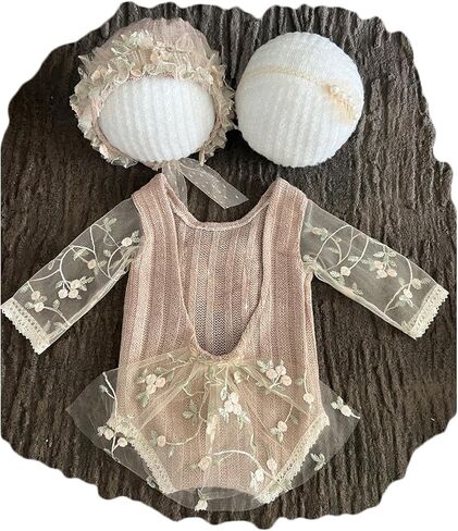 Zeroest Baby Girl Photography Props Lace Hats Outfits Set | Handmade Outfit +Bonnet/Hair Accessories for Newborn Girls Photoshoot, Infant Photo Shoot Prop Costume in Saudi Arabia